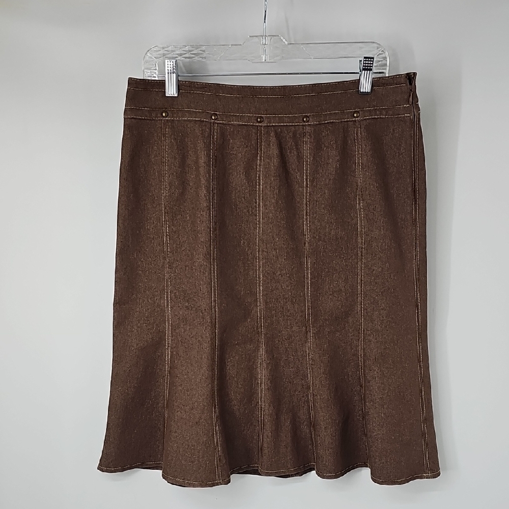 Kasper Brown Rustic Western Vibe A-line Fluted‎ Hem Skirt wStudded Waist Sz:10